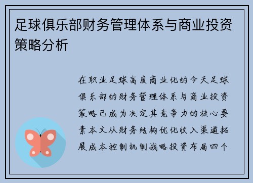 足球俱乐部财务管理体系与商业投资策略分析