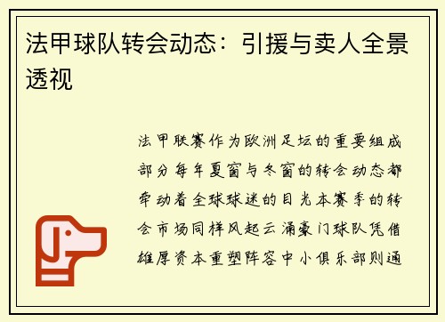 法甲球队转会动态：引援与卖人全景透视